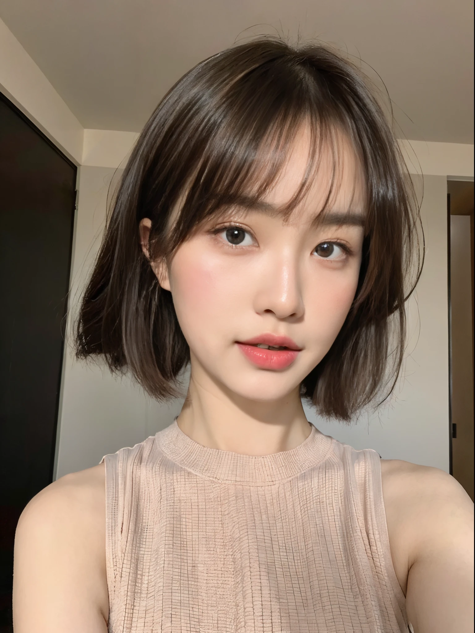((top-quality、8K、masterpiece:1.3))、Beautuful Women、1girl in、(cute little)、Slender Abs:1.1、(random color dress)、((Medium hair))、hyperdetailed face、very detailed lips、A detailed eye、二重まぶた、(well-groomed bangs.1.3)、dark brown hair、big eye、enticing lips、The corners of the mouth rise、Black eye、(Night Party)、cute littleワンアジア人の顔, the face of a beautiful Japanese girl, with short hair with bangs, white hime cut hairstyle、Slender eyes、17-year-old beautiful girl