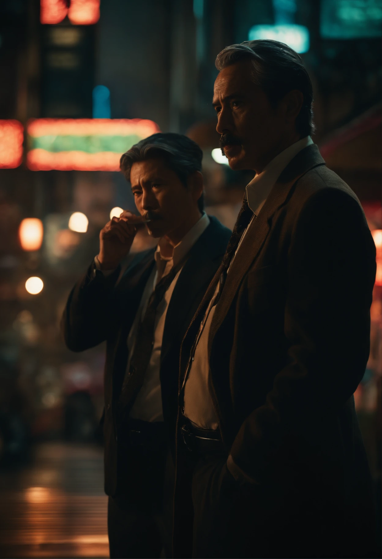 2 middle aged attractive detectives looking cool, in Tokyo, neon lights, smoking, smoke everywhere, wearing brown, looks mysterious, high quality, high detail, 8k