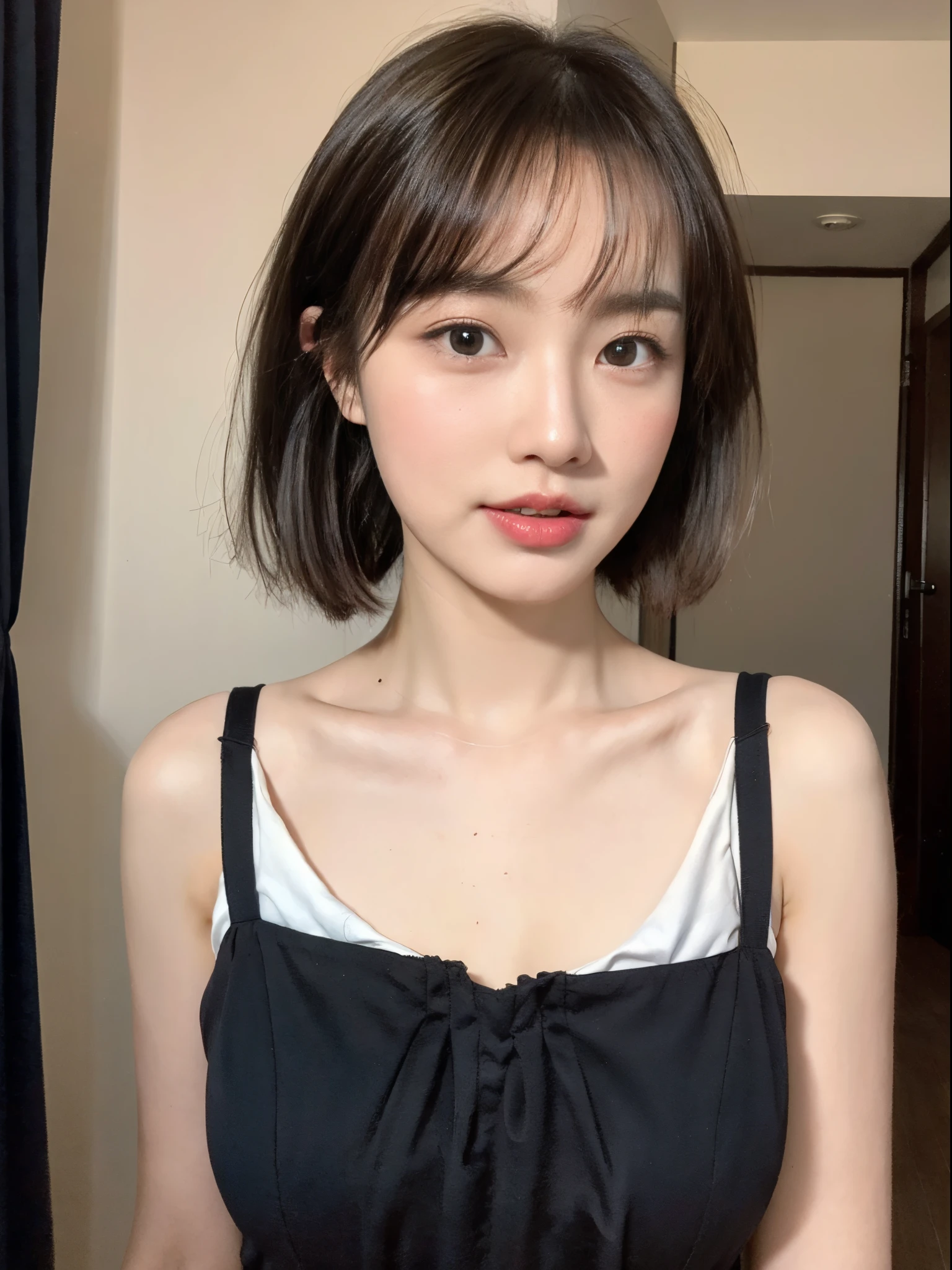 ((top-quality、8K、masterpiece:1.3))、Beautuful Women、1girl in、(cute little)、Slender Abs:1.1、(random color dress)、((long))、hyperdetailed face、very detailed lips、A detailed eye、二重まぶた、(well-groomed bangs.1.3)、dark brown hair、big eye、enticing lips、The corners of the mouth rise、Black eye、(Night Party)、cute littleワンアジア人の顔, the face of a beautiful Japanese girl, with short hair with bangs, white hime cut hairstyle、切れlongの瞳、17-year-old beautiful girl、flat chest、Lori face