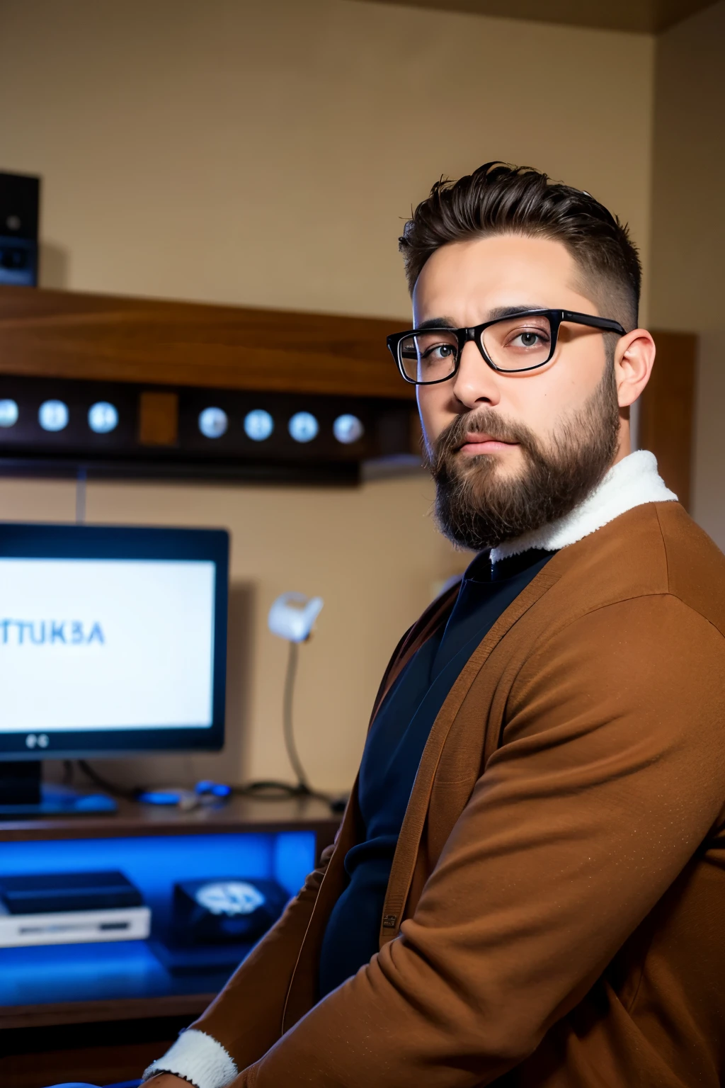 Bald men with brown hair and black glasses in front of a pc looking Turkish with a brown beard