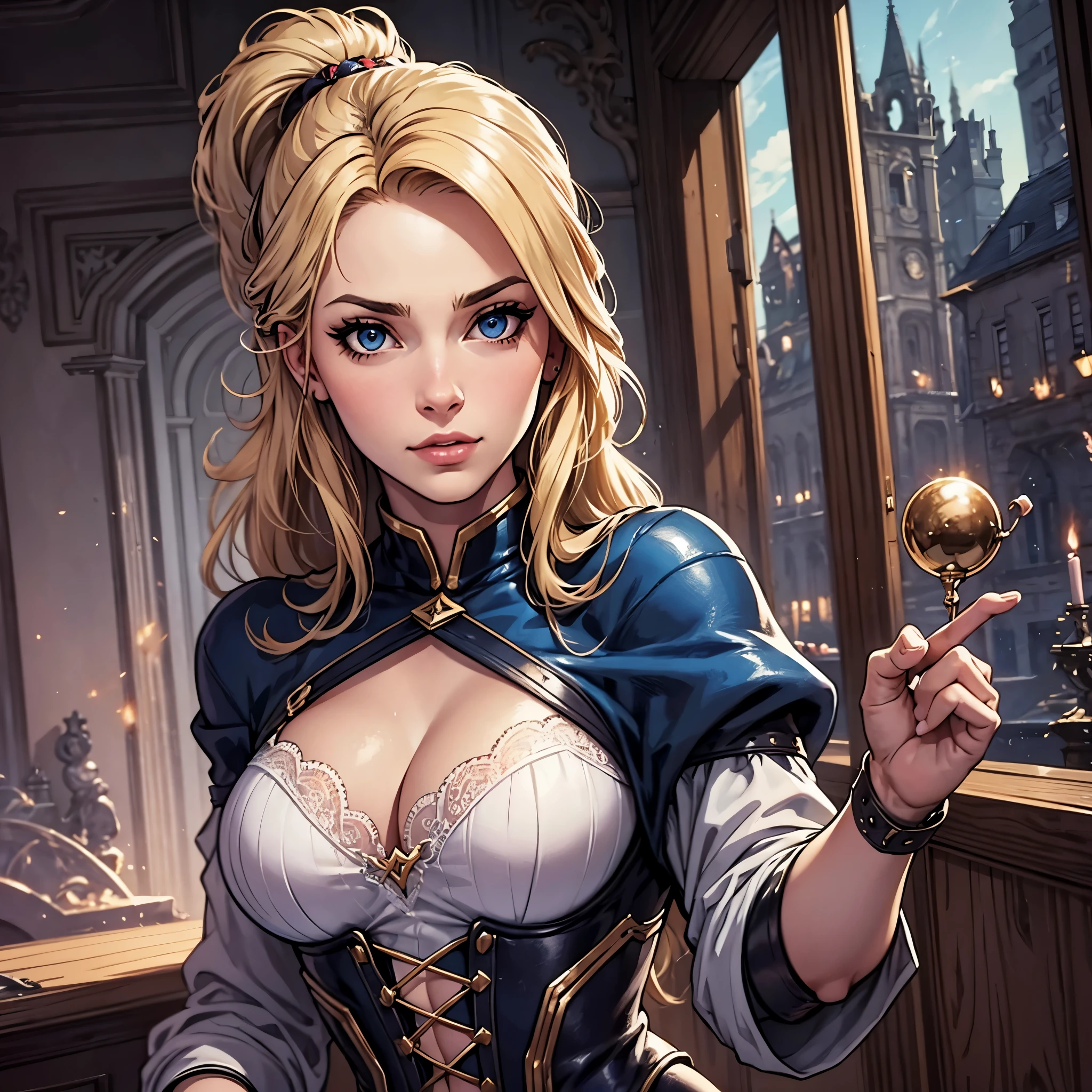 Blonde twenty years old female, European female, mage apprentice, fair but not beautiful, weak, determined, confident, bratty in a magic academy, digital drawing, roleplaying game, dirty, rough, ponytail, silver tips