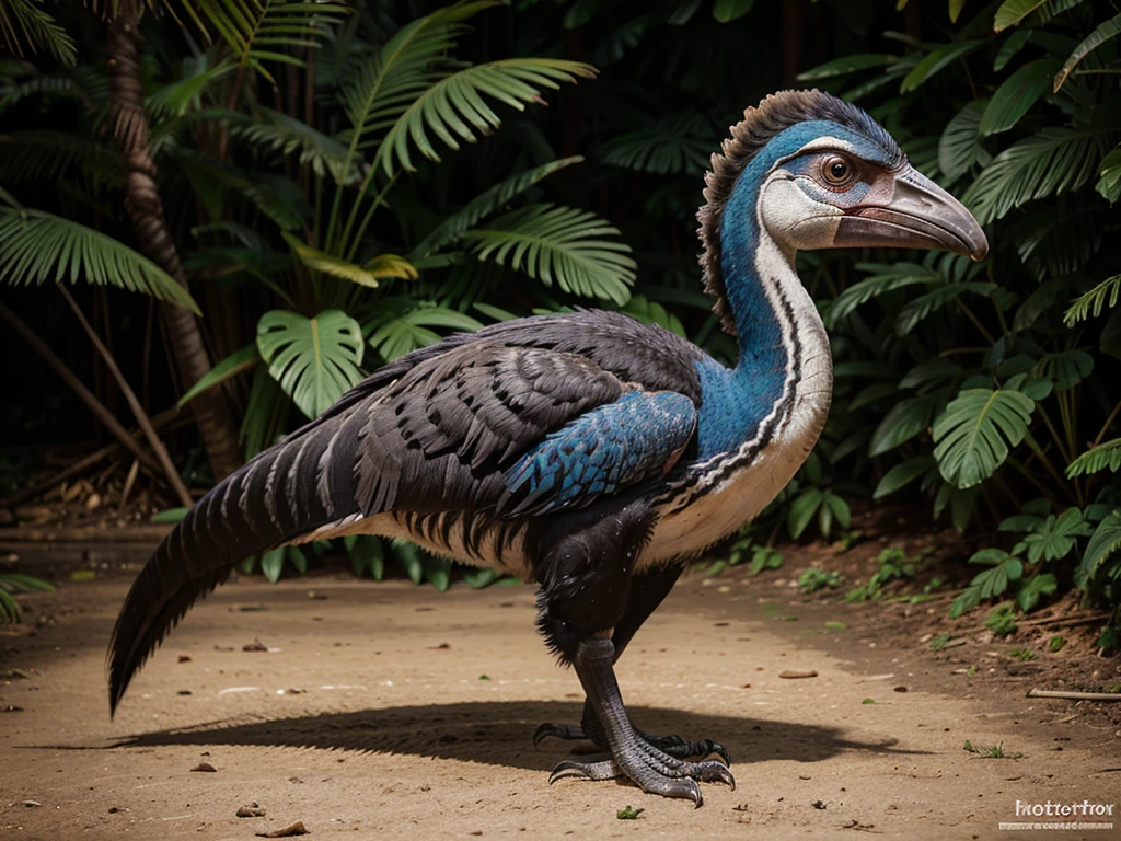 Imaginative crossbreed of Cassowary mix with Velociraptor, photorealistic, hybrid animal, hyper detail, Bokeh background, full body, realistic, realism, animal photography, documentary