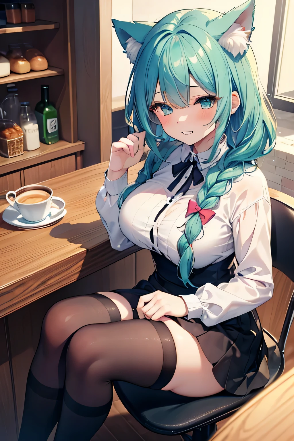 ((masutepiece)), ((Best Quality)), ((8K)), High resolution, 1girl in, Cat ears, Clothed, knee high, Looking Up, Green eye, light blue and blue hair, Long hair, braid, pale skin, Large breasts, blush, Half closed eyes, 牙, smugness, cafes