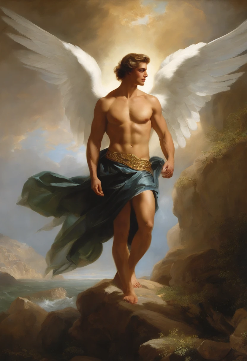 A painting of a magnificent angel, ((man)), ((Dramatic look at camera)), ((muscular, strong body, shapely and muscular legs)), (((large and strong upper body)), (( with several huge wings)), (((majestic angel wings)), diverse positions (((full body shot)), full body man, Frank Kelly Freas, Karol Bak Style, best quality, 32k ultra quality, quality parade paper, film image, Classic 8K, baroque, rococo style painting, 32k Ultra, Ultra HD, Bowater art style , baroque digital painting, Renaissance digital painting, masterpiece! inspired by Franz Xaver Winterhalter, inspired by Friedrich von Amerling, beautiful character painting, beautiful digital painting, inspired by Thomas Lawrence, beautiful yywater painting, refraction, reflections, mirrors, prisms, sunlight, bright lights!! Complex, elegant, highly detailed digital painting, art station, concept art, sharp and soft focus, illustration, art by ( ( ( ( Artgerm ) ) ) ) and ( Greg Rutkowski )! and (((Alphonse Mucha))), eye