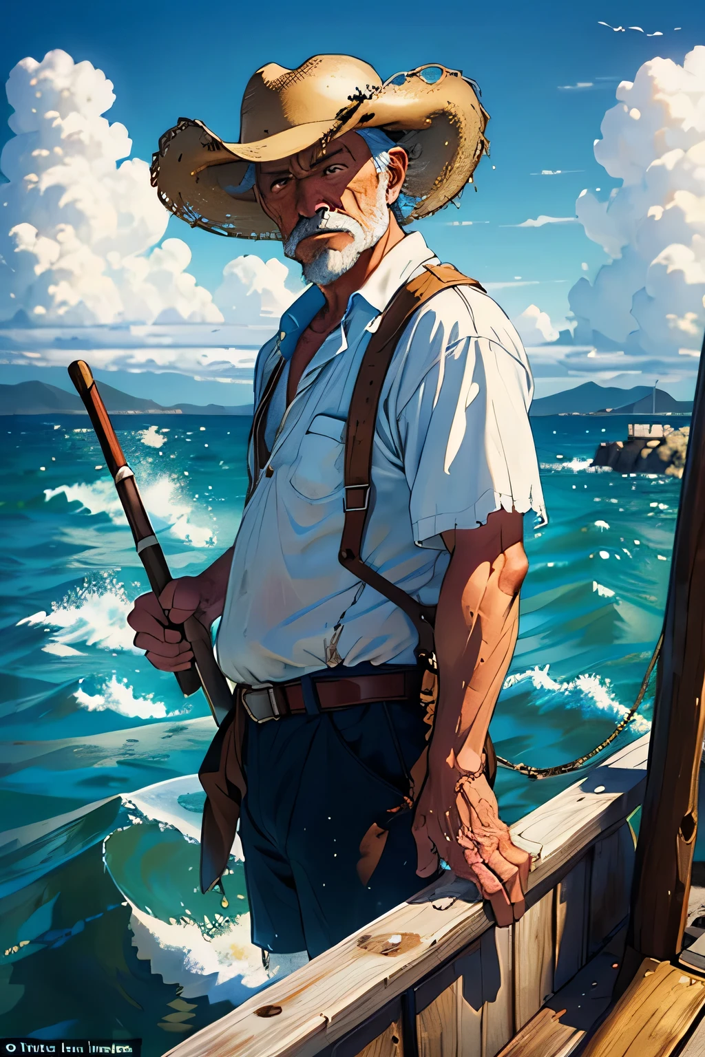 (masterpiece, best quality:1.2), wide angle, solo, 1man, Santiago from old man and the sea, sad fisherman, old, sailing with a skiff, torn clothes , cowboy hat, in the sea