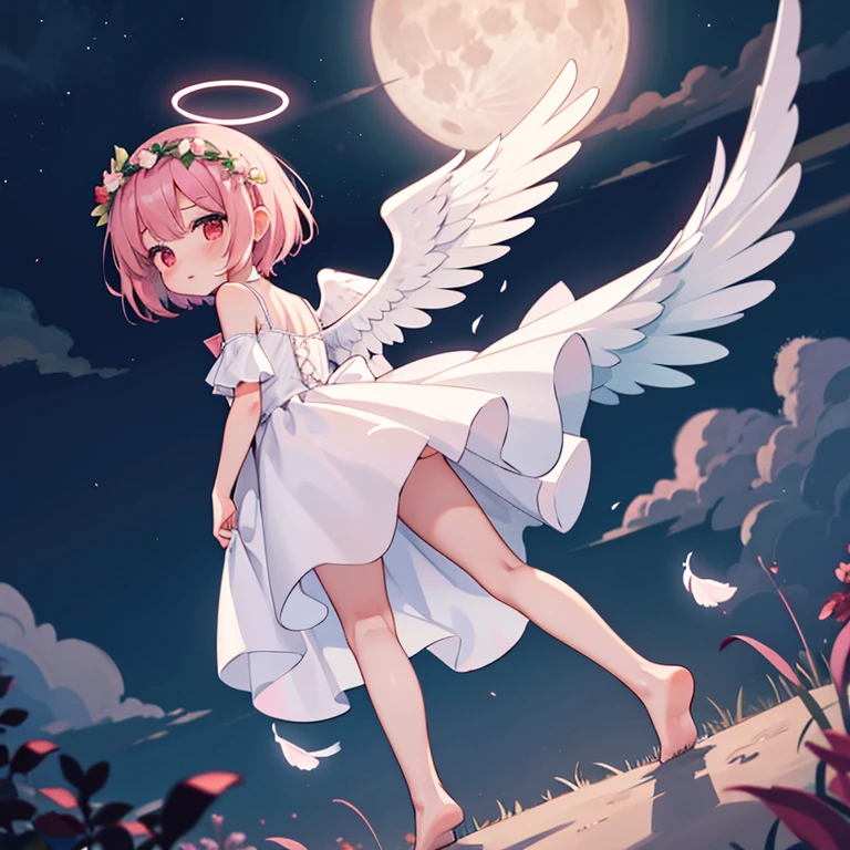 Better quality, ileal face,masterpiece 1girl, angel, angel wings, bare shoulders, barefoot, cloud, cloudy sky, dress, feathered wings, from behind, full body, full moon, halo, head wreath, looking back, moon, night, night sky, outdoors, pink hair, pink ribbon, red eyes, ribbon, short hair, sky, solo, standing, star \(sky\), white dress, white wings, wings
