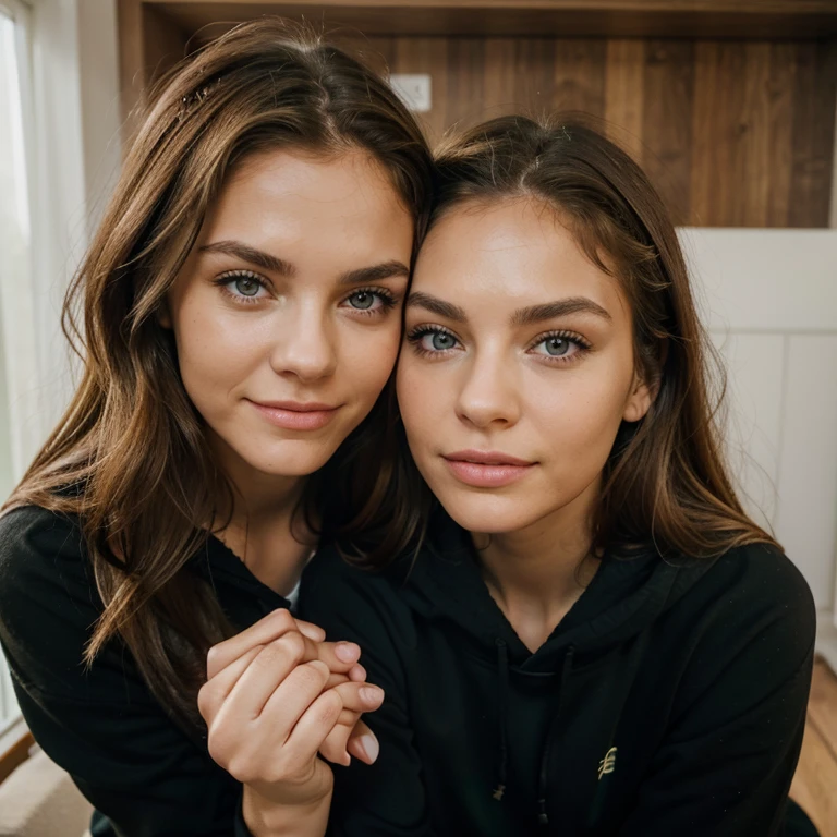 Londoner Gril, green eyes,
Stupsnase, schmaleres Gesicht, Blondes, brunette hair, lockiges blondes Haar, Natur, Lippen, natural skin, Realistischer Skin, Arm, ein paar leichte Sommersprossen auf der Nase, schmale Augenbrauen, Eyebrows sharpened, longer thin eyelashes, oversized black hoodie, schaut lachend nach rechts, White teeth, slight dimples, Dimples slightly red, sitzend im Schneidersitz, Ohrringe an beiden Ohren, weite jogginghose, black long-sleeved sweater, lacht mit Freundin, lacht mit Freundin und holds her hand over her mouth, holds her hand over her mouth, locken, friends