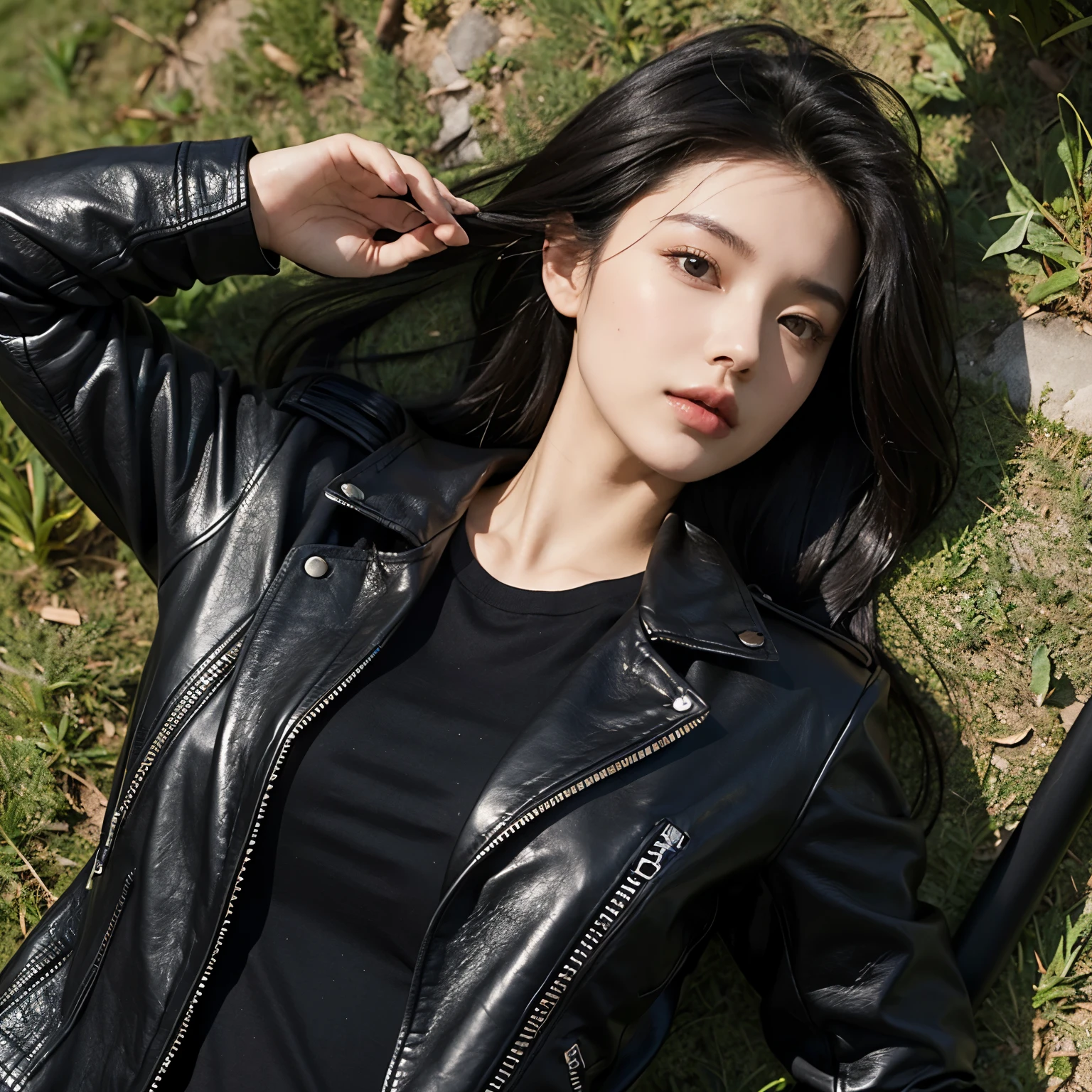 A girl of 20 years old, slender, average breast size, long black hair, hair loose, brown eyes, looking straight in front of her, wearing a black leather jacket, lying on the grass, rakers from above, close-up, portrait,