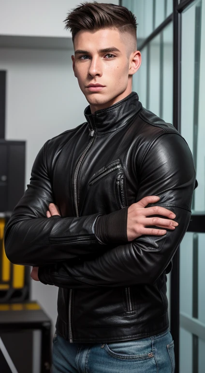 Young white man biker, 17 years old, military haircut, dark black hair, intense green eyes, intense gaze, affiliated features, no facial hair, height 1.93, weight 96 kg, muscular build, broad shoulders, V-shaped body, sleeves tattoos on right arm, full body focus, completely hairless,