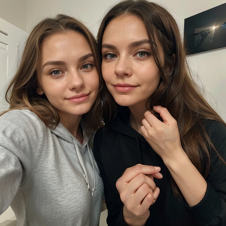 Londoner Gril, green eyes,
Stupsnase, schmaleres Gesicht, Blondes, brunette hair, lockiges blondes Haar, Natur, Lippen, natural skin, Realistischer Skin, Arm, ein paar leichte Sommersprossen auf der Nase, schmale Augenbrauen, Eyebrows sharpened, longer thin eyelashes, oversized black hoodie, schaut lachend nach rechts, White teeth, slight dimples, Dimples slightly red, sitzend im Schneidersitz, Ohrringe an beiden Ohren, weite jogginghose, black long-sleeved sweater, lacht mit Freundin, lacht mit Freundin und holds her hand over her mouth, holds her hand over her mouth, locken, friends