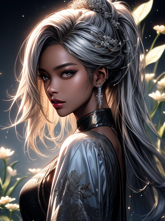 black asian woman with blond hair standing by flowers, in the style of hyper-realistic sci-fi, light silver and silver, vibrant illustrations, luminous hues, close-up, rococo-inspired art, luminous reflections --ar 85:128 --s 50