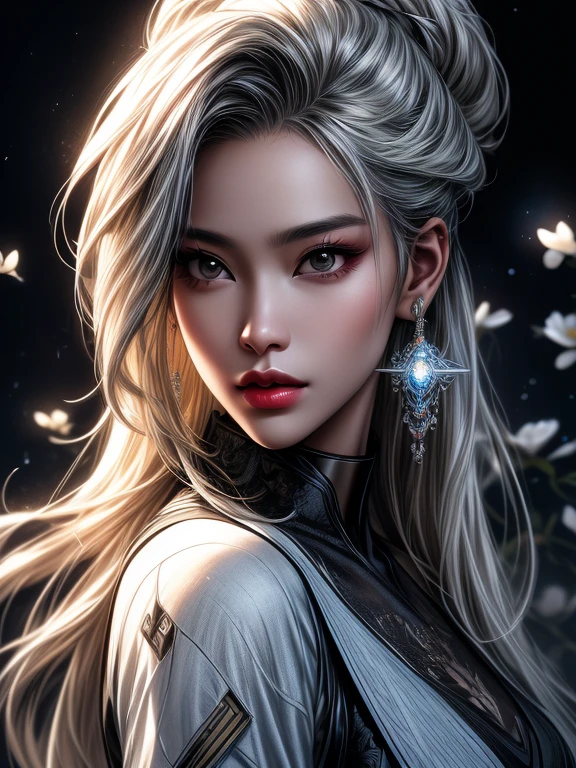 black asian woman with blond hair standing by flowers, in the style of hyper-realistic sci-fi, light silver and silver, vibrant illustrations, luminous hues, close-up, rococo-inspired art, luminous reflections --ar 85:128 --s 50