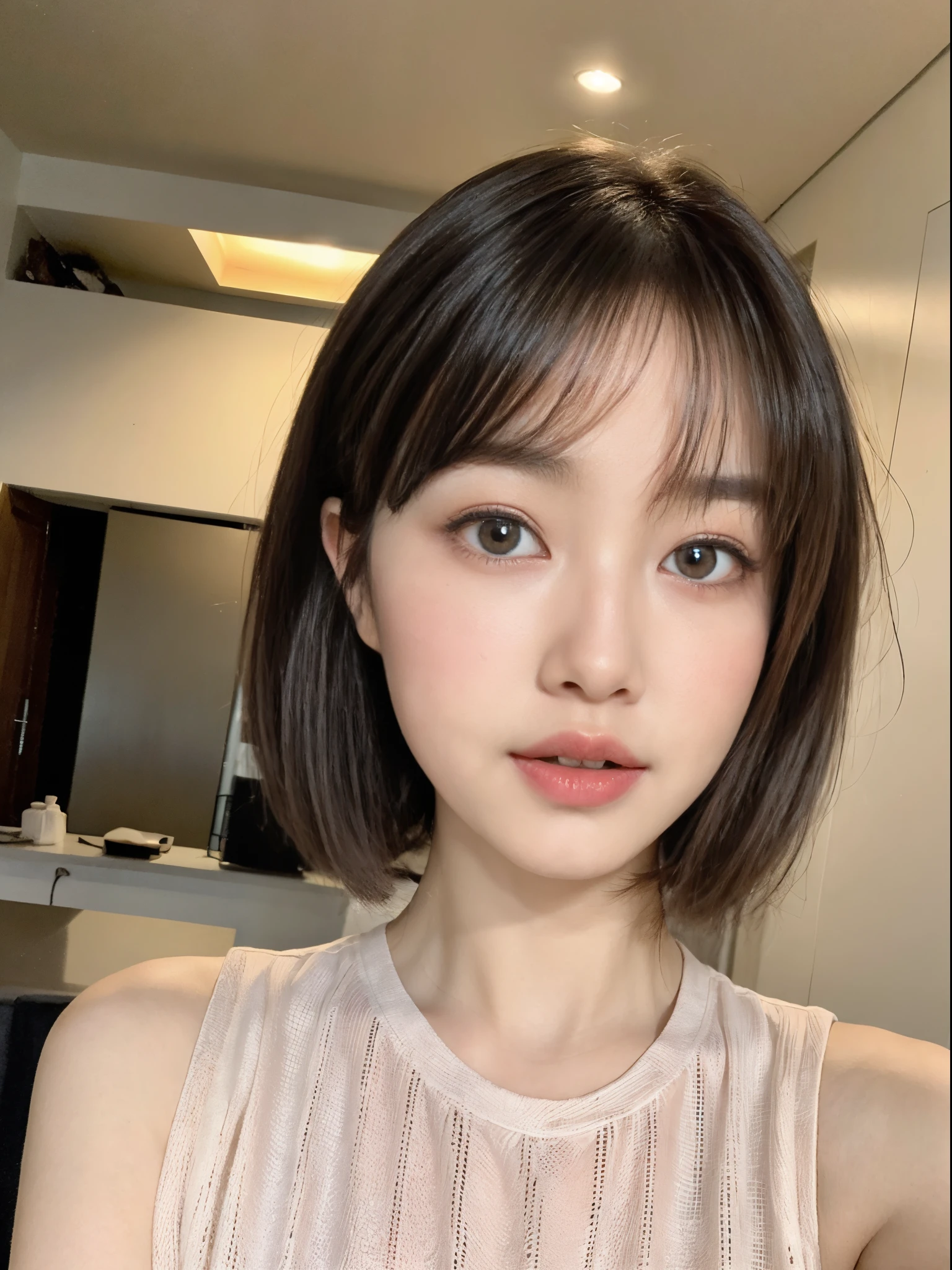 ((top-quality、8K、masterpiece:1.3))、Beautuful Women、1girl in、(cute little)、Slender Abs:1.1、(random color dress)、((short-hair))、hyperdetailed face、very detailed lips、A detailed eye、二重まぶた、(well-groomed bangs.1.3)、dark brown hair、big eye、enticing lips、The corners of the mouth rise、Black eye、(Night Party)、cute littleワンアジア人の顔, the face of a beautiful Japanese girl, with short hair with bangs, white hime cut hairstyle、Slender eyes、17-year-old beautiful girl