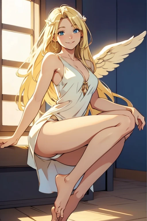 (((nude)), Very detailed、highest quality、Best image quality、masterpiece、8k、Anime Face、A kind smile、Open Mouth、(blonde long hair:1.5)、big breast, sexy、 beautiful body 、Cowboy Shot, Sexual Intercourse, ((mint eyes)), hotel bedroom, (((Jeans))),(((gold angel wings)))