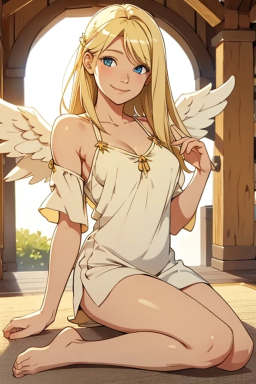 flat chests, nsfw, masterpiece, 1 girl, erect nipples, intricately detailed, topless, navel, bare shoulders, necklace, blonde, long hair, white skirt, angel wings, flying, extremely detailed, photorealistic, octane render, 8 k, unreal engine, bare breasts, puffy nipples, blue eyes, extending hand, sky, fantasy, enchanted, angel, bare stomach, sweaty, child, small breasts, flat chest, arm strap, full body, halo, wings, feathers, light, smiling, outdoors, bangs between eyes, hair ornament, white sarong, gold thigh strap