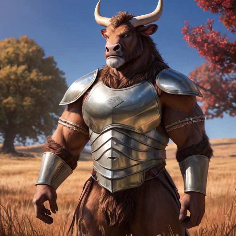 Male, (((solo))) character, bovid, male focus, 8k quality, ultra realistic, digital art, detailed portrait of a male anthro bovid wearing a steel breastplate, Highland Bull horns, two-tone fur, white and brown fur, cinematic lighting, stoic expression, cherry tree background, grassland, muscular, (((full body commission))), (((solo))), (((solo)))