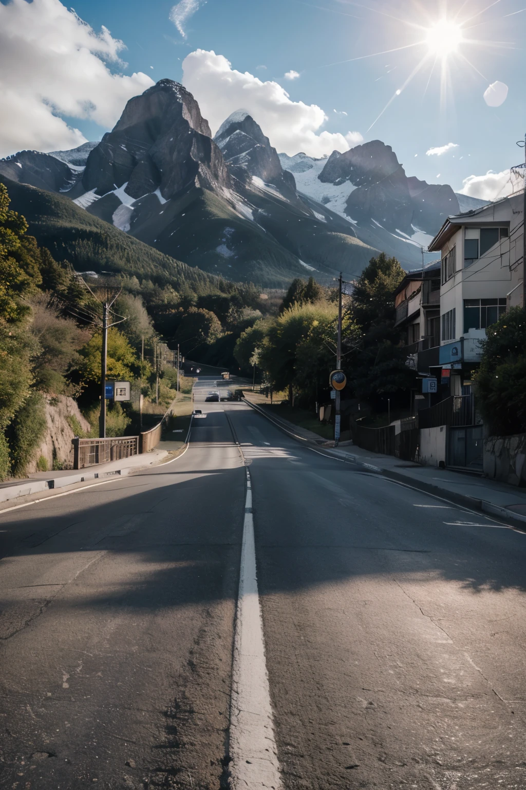 retrowave. road, purple neon lights, sun, mountain,
(masterpiece,detailed,highres),
