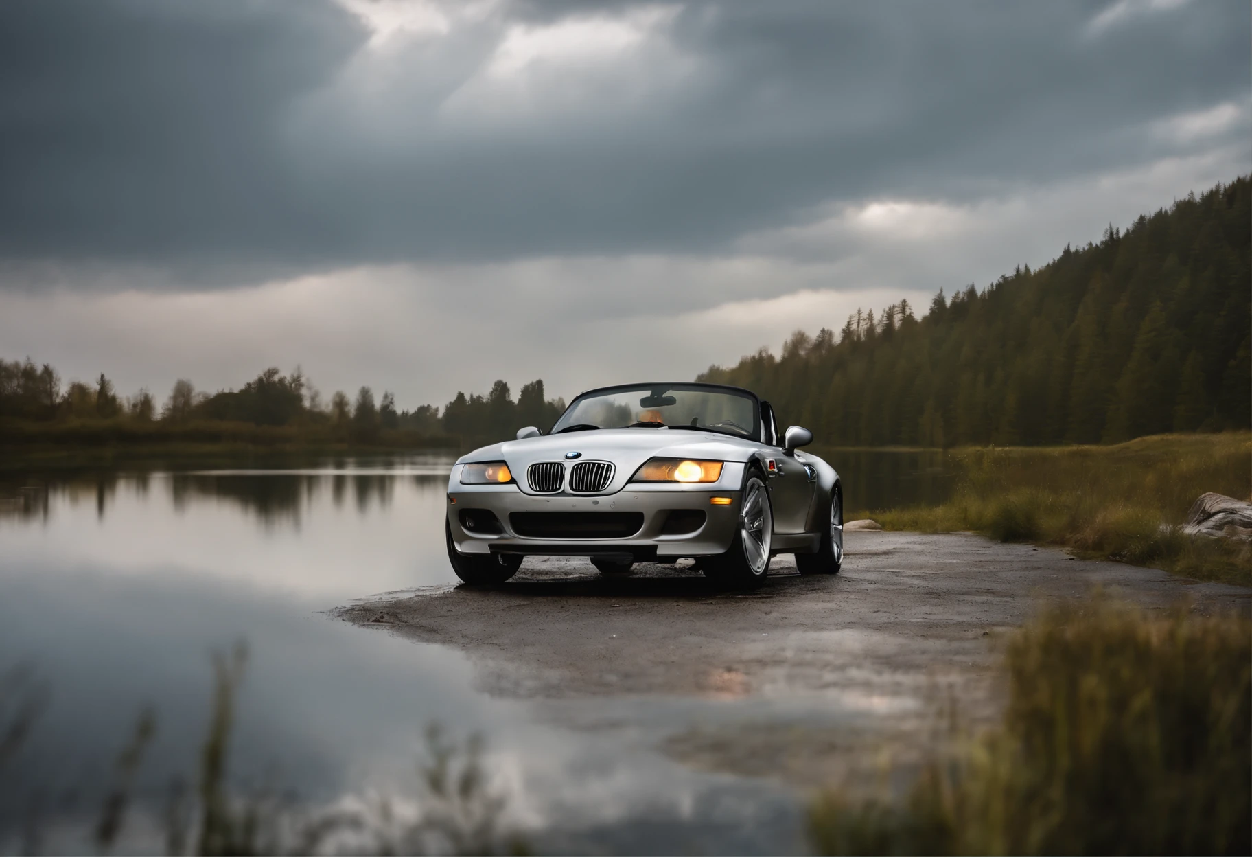Shiny silver coloured BMW Z3 parked in front of a lake, top down, masterpiece
