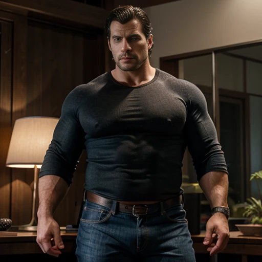 henry cavill, huge dad bod, very chubby, hyper fat stomach, beefy body, thick ass, major pecs, full body in view, standing, massive thick muscle legs, huge bulge in jeans, HDR, volumetric lighting, ultra quality, elegant, highly detailed