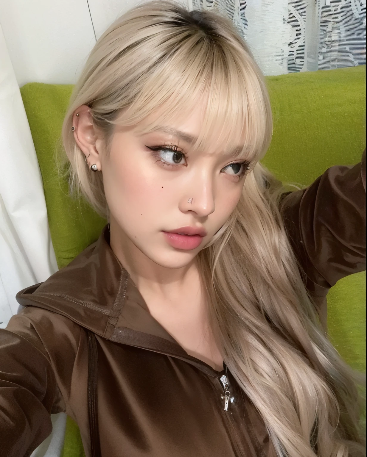 mulher loira com cabelos longos, sentada em uma cadeira verde, Lalisa Manobal, Lalisa Manoban do Blackpink, Parque Roseanne do Blackpink, com franja, com franja completa, long hair com franja, Cl, long hair com franja completa, longos cabelos brancos e franja, portrait of jossi do blackpink, jossi do blackpink, franja central separada