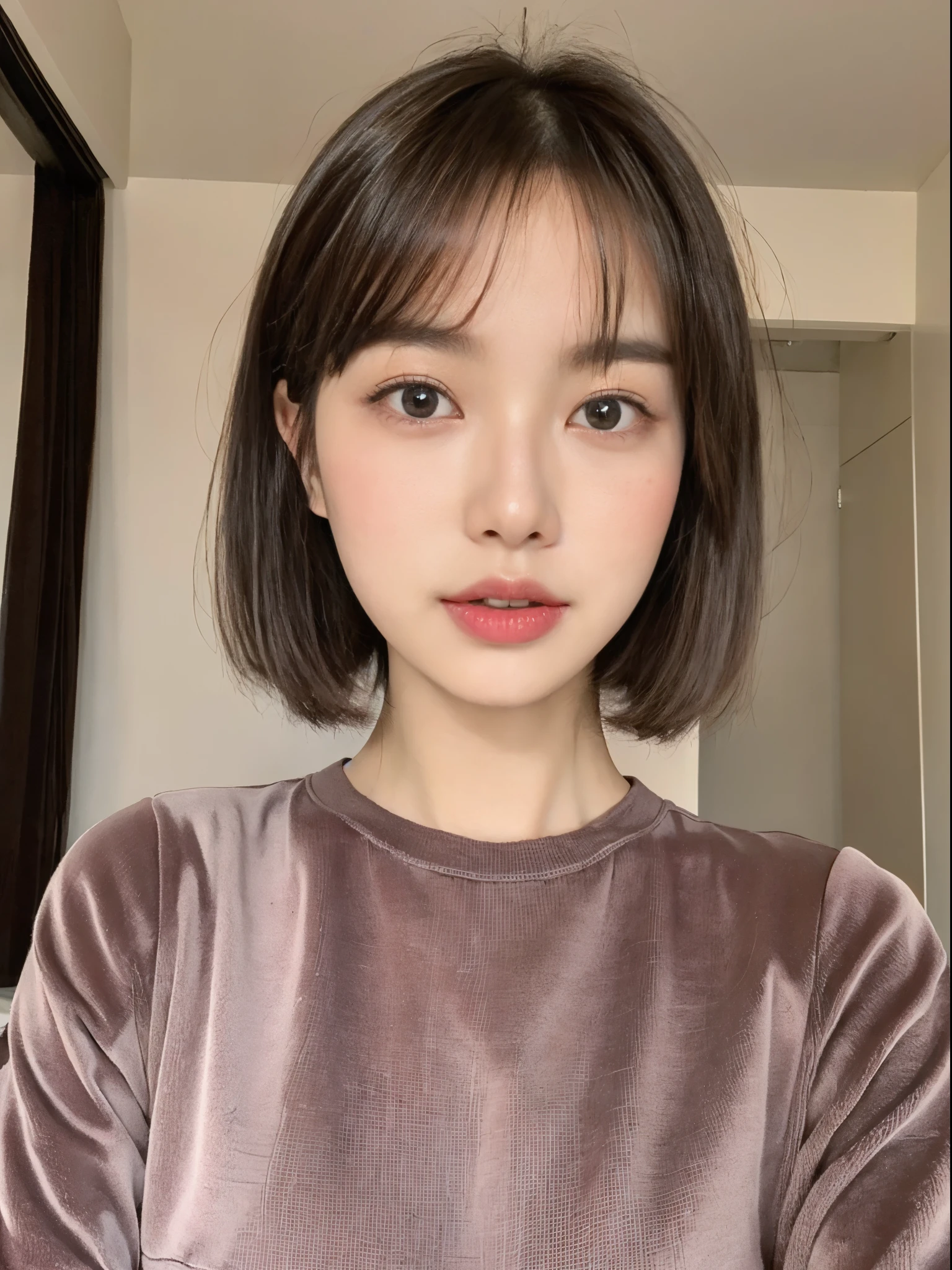 ((top-quality、8K、masterpiece:1.3))、Beautuful Women、1girl in、(cute little)、Slender Abs:1.1、(sexy random color dress)、((short-hair))、hyperdetailed face、very detailed lips、A detailed eye、二重まぶた、(well-groomed bangs.1.3)、dark brown hair、big eye、enticing lips、The corners of the mouth rise、Black eye、(Night Party)、cute littleワンアジア人の顔, the face of a beautiful Japanese girl, with short hair with bangs, white hime cut hairstyle、Slender eyes、17-year-old beautiful girl
