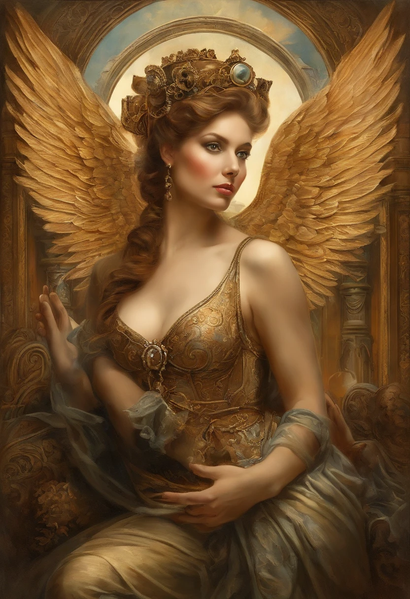 A painting of a magnificent angel, ((man)), ((Dramatic look at camera)), ((muscular, strong body, shapely and muscular legs)), (((large and strong upper body)), (( with several huge wings)), (((majestic angel wings)), diverse positions (((full body shot)), full body man, Frank Kelly Freas, Karol Bak Style, best quality, 32k ultra quality, quality parade paper, film image, Classic 8K, baroque, rococo style painting, 32k Ultra, Ultra HD, Bowater art style , baroque digital painting, Renaissance digital painting, masterpiece! inspired by Franz Xaver Winterhalter, inspired by Friedrich von Amerling, beautiful character painting, beautiful digital painting, inspired by Thomas Lawrence, beautiful yywater painting, refraction, reflections, mirrors, prisms, sunlight, bright lights!! Complex, elegant, highly detailed digital painting, art station, concept art, sharp and soft focus, illustration, art by ( ( ( ( Artgerm ) ) ) ) and ( Greg Rutkowski )! and (((Alphonse Mucha))), eye