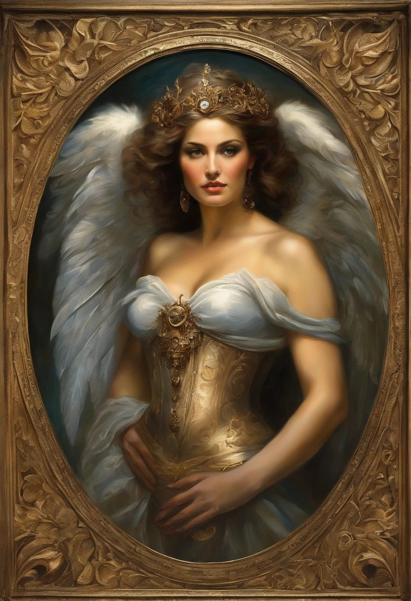 A painting of a magnificent angel, ((man)), ((Dramatic look at camera)), ((muscular, strong body, shapely and muscular legs)), (((large and strong upper body)), (( with several huge wings)), (((majestic angel wings)), diverse positions (((full body shot)), full body man, Frank Kelly Freas, Karol Bak Style, best quality, 32k ultra quality, quality parade paper, film image, Classic 8K, baroque, rococo style painting, 32k Ultra, Ultra HD, Bowater art style , baroque digital painting, Renaissance digital painting, masterpiece! inspired by Franz Xaver Winterhalter, inspired by Friedrich von Amerling, beautiful character painting, beautiful digital painting, inspired by Thomas Lawrence, beautiful yywater painting, refraction, reflections, mirrors, prisms, sunlight, bright lights!! Complex, elegant, highly detailed digital painting, art station, concept art, sharp and soft focus, illustration, art by ( ( ( ( Artgerm ) ) ) ) and ( Greg Rutkowski )! and (((Alphonse Mucha))), eye