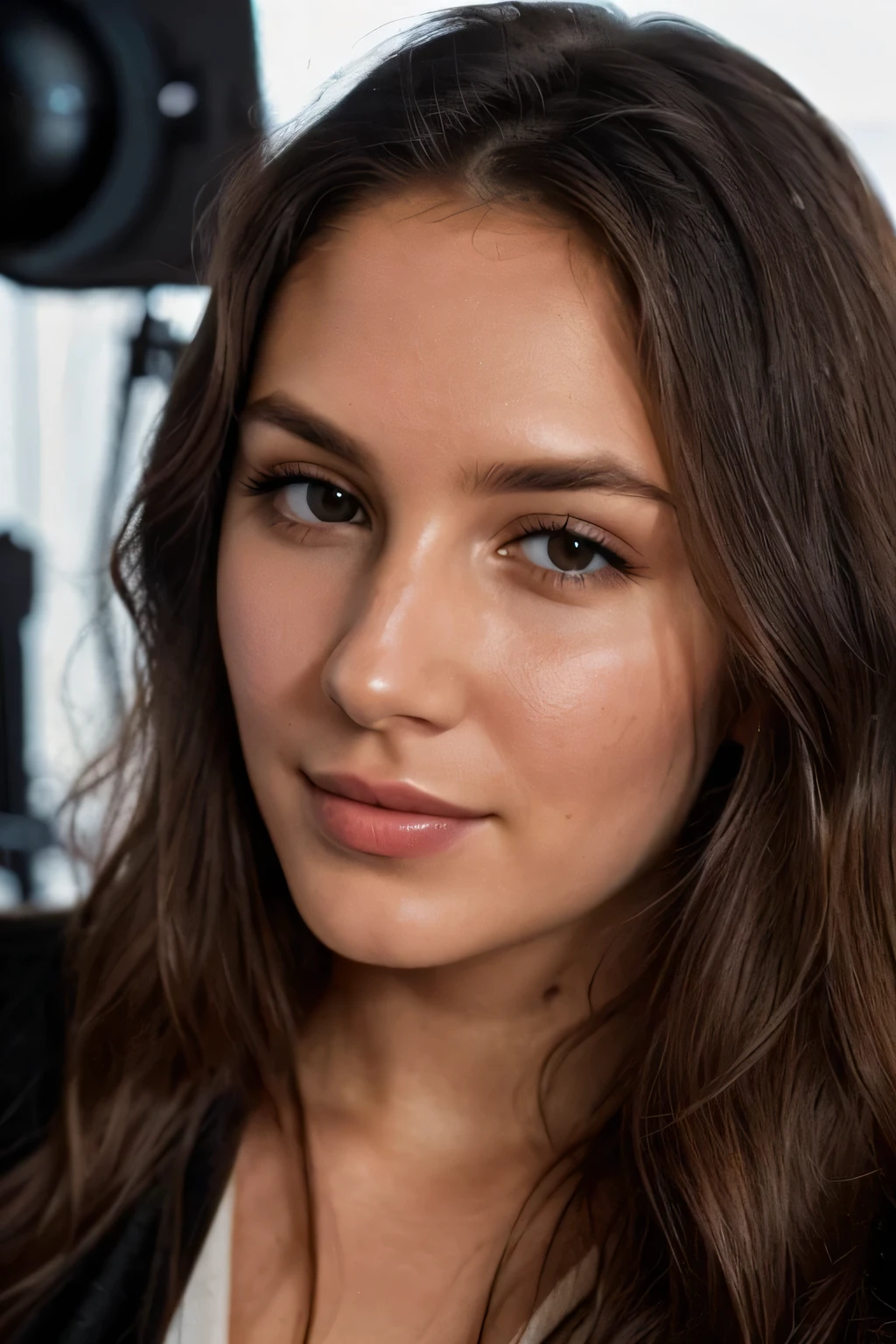 instagram selfie , a 26 year old gorgeous woman , slight smile , detailed skin face and eyes , natural lighting , at home , long hair, topless , film grain, low contrast, natural face
