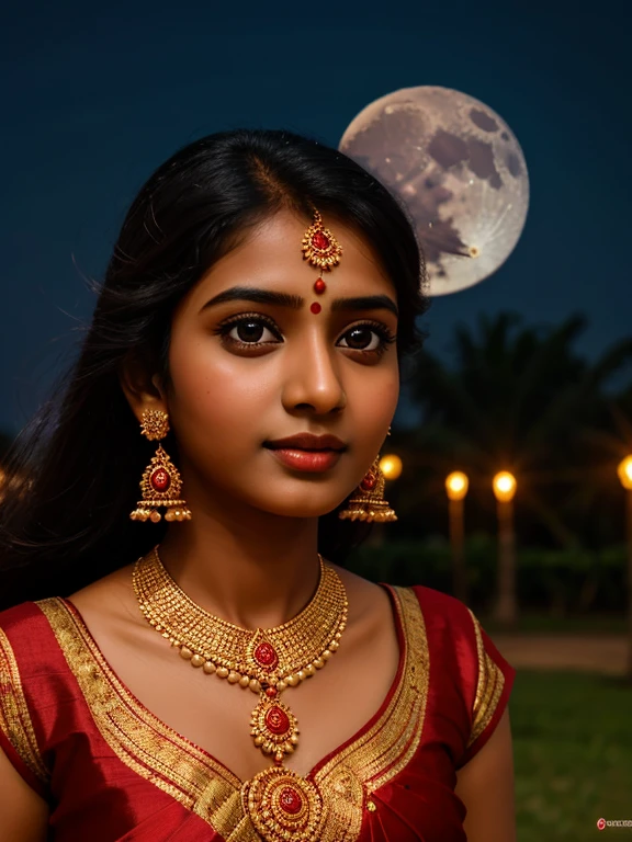 Winged Tamil girl, extremely beautiful face, delicate face, detailed face, eyes symmetry, face symmetry, look at viewer, soft skin, flying in the air, moon in the background, wearing a red dress, HDR, masterpiece, high quality, intricate detailing, award winning photograph, full body shot from bottom