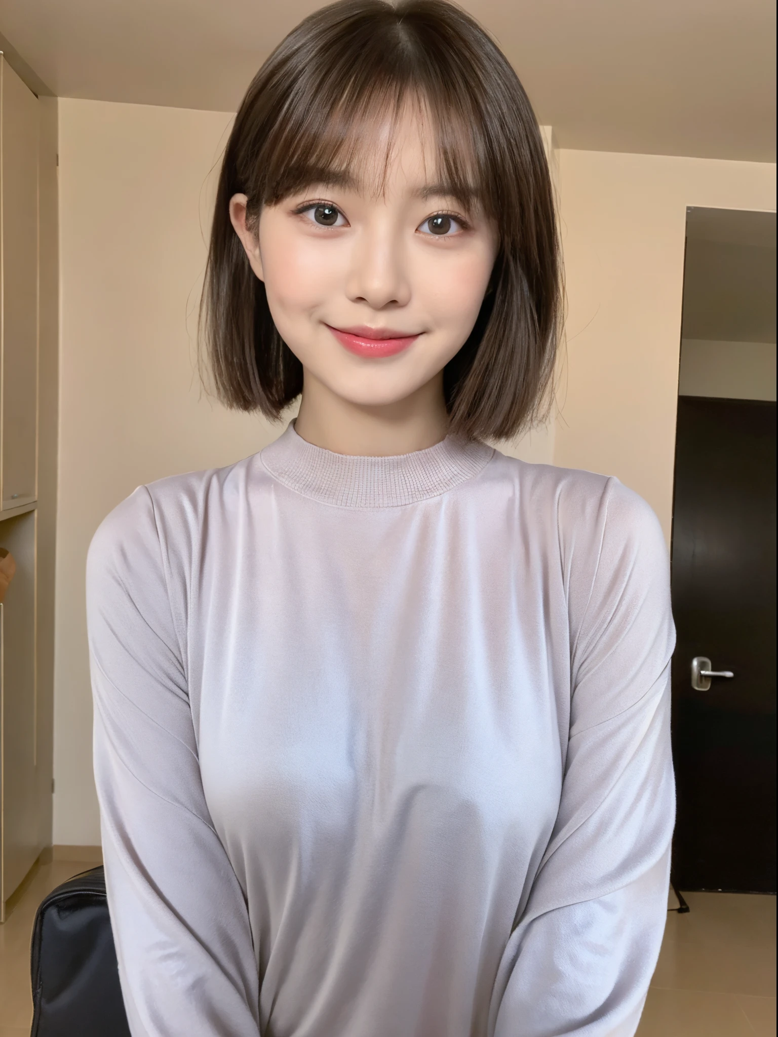 ((top-quality、8K、​masterpiece:1.3))、Beautuful Women、1girl in、(cute little)、Slender Abs:1.1、(sexy random color dress)、((long))、hyperdetailed face、very detailed lips、A detailed eye、二重まぶた、(well-groomed bangs.1.3)、dark brown  hair、big eye、enticing lips、The corners of the mouth rise、Black eye、(Night Party)、cute littleワンアジア人の顔, beautiful taiwan girl face, with short hair with bangs, white hime cut hairstyle、切れlongの瞳、17-year-old beautiful girl、A smile