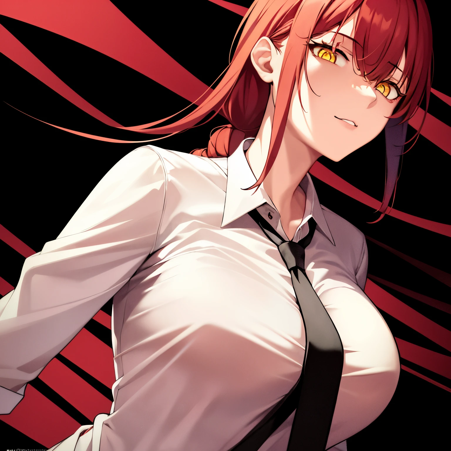 1girl, > makima \(chainsaw man\), red hair, white shirt, golden eyes , black necktie,, yellow eyes, (ringed eyes),