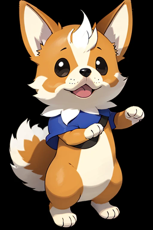 Draw a tan and white Pembroke welsh corgi sitting upright on his butt with his paws out like a boxer in the style of a fighting type Pokémon card art. 2d, like the anime.