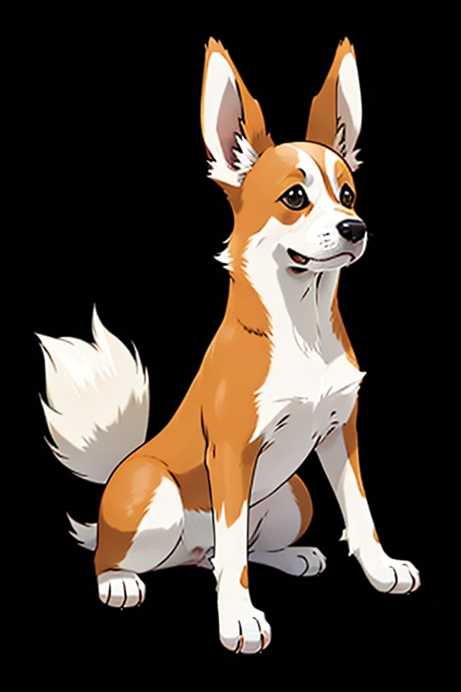 Draw a tan and white Pembroke welsh corgi sitting upright on his butt with his paws out like a boxer in the style of a fighting type Pokémon card art. 2d, like the anime.