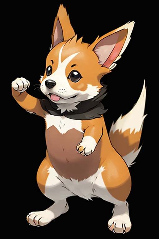 Draw a tan and white Pembroke welsh corgi sitting upright on his butt with his paws out like a boxer in the style of a fighting type Pokémon card art. 2d, like the anime.
