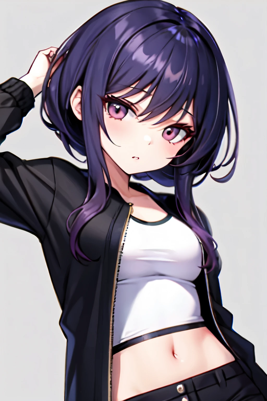 Mulher morena de cabelo liso preto e roupas roxo escuro no estilo chibi