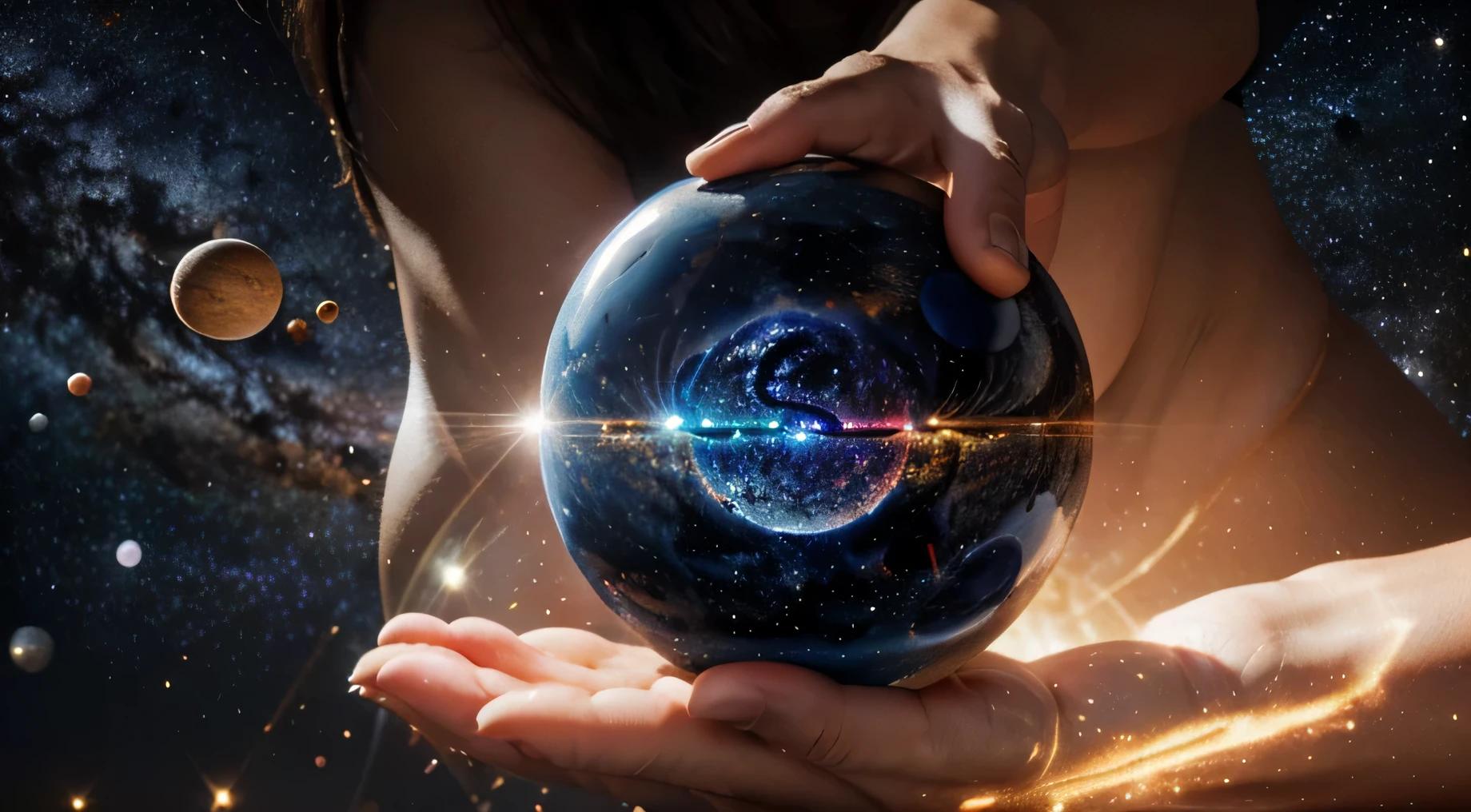 imagem ultra realista universo detalhado sistema solar, imagem do corpo humano detalhada unissex, corpo de um lindo e lindo deus detalhado, powers in hand detailed, poderes nos olhos detalhados, universo em segundo plano