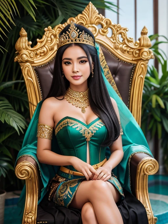 photo of the beautiful traditional Indonesian mythical queen nyi roro kidul, beautiful with flawless make-up, very beautiful eyes, long black hair with a crown, wearing a luxurious green corset bustier (a combination of embroidery and sequins), wearing a batik skirt with shawl decoration,selfie sitting on the throne with underwater kingdom atmosphere, perfectly proportioned body, hyperrealistic, UHD