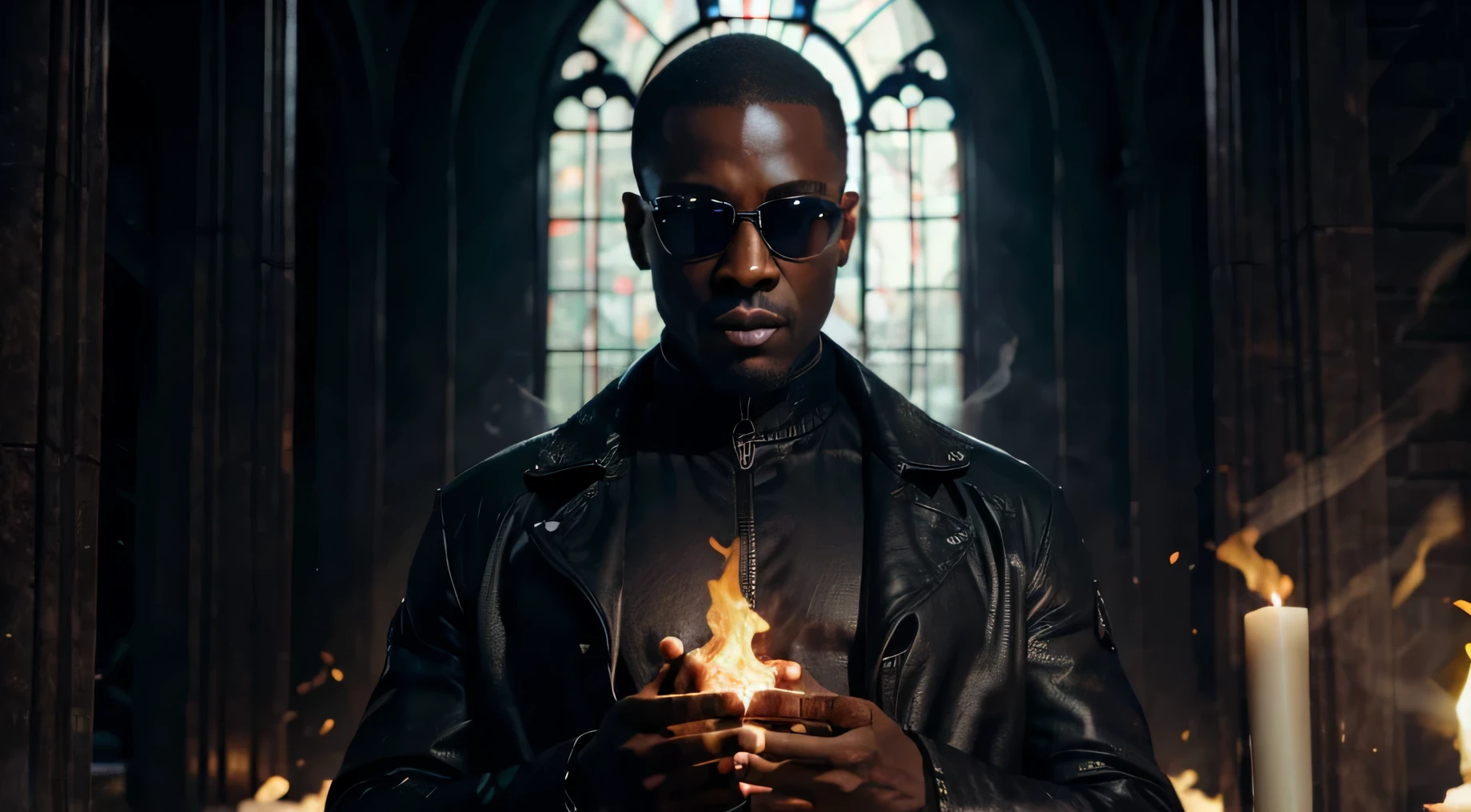 ultra realistic detailed image detailed mystical temple, corpo de homem de um deus detalhado, pele escura detalhada, cabelo raspado detalhado, Rosto detalhado, man in sunglasses detailed, roupa de sobretudo escuro grande detalhada, roupa de matriz preta detalhada, corpo inteiro detalhado, Looking at camera, hands with detailed glowing fire, holding fire in your hands,