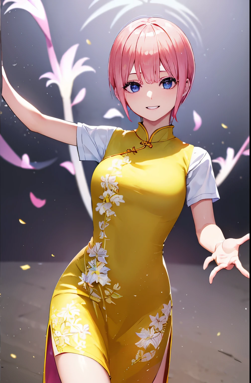 ichikanakano, ichika nakano, Short hair, Bangs, Blue eyes, hair between eye, Pink hair, (Yellow cheongsam:1.3), (White bread cover:1.3), (lily pattern on dress:1.3), shortsleeves, with slit, Best Quality, hight resolution, Unity 8k壁纸, (Beautiful detailed eyes:1.4), extra detailed face, Perfect Lighting, (Perfect hands, Perfect Anatomy), cowboy shot, School classroom background, The best smile, Dancing