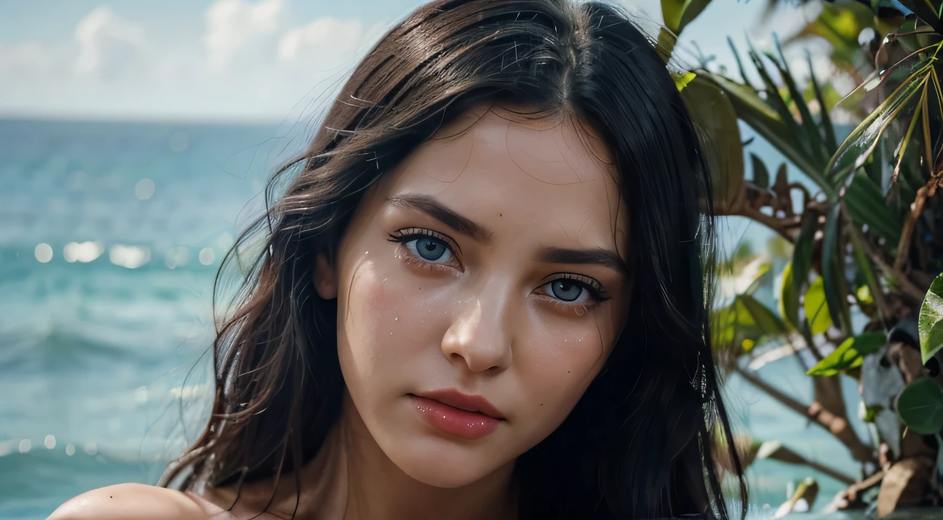 imagem detalhada ultra realista de um rosto feminino perfeito, rosto detalhado de uma deusa, detailed eyes with tears, olhar triste, Olhos verdes brilhantes detalhados, looking at the camera, cabelos pretos longos, detailed bright red lips, Mar azul no fundo,