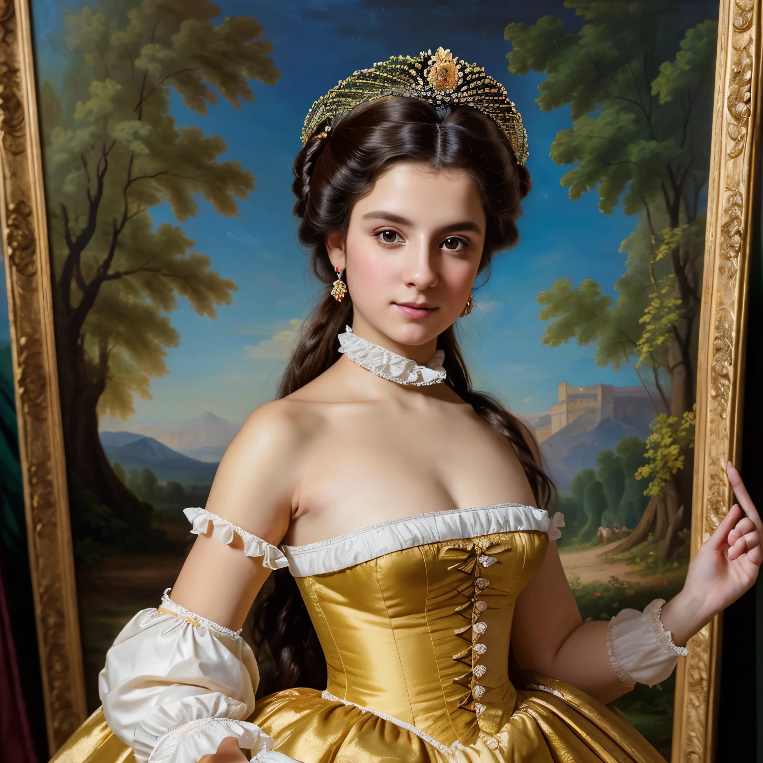 Gorgeous Princess in nature((Franz-Xaver-Winterhalter style)), oil painting, Ceremonial portrait, Bright color, ((Extreme detailing)), ((tmasterpiece)), Complex Key, ((Single Shot)), Impression, hyper realisitc, perspective, 8k