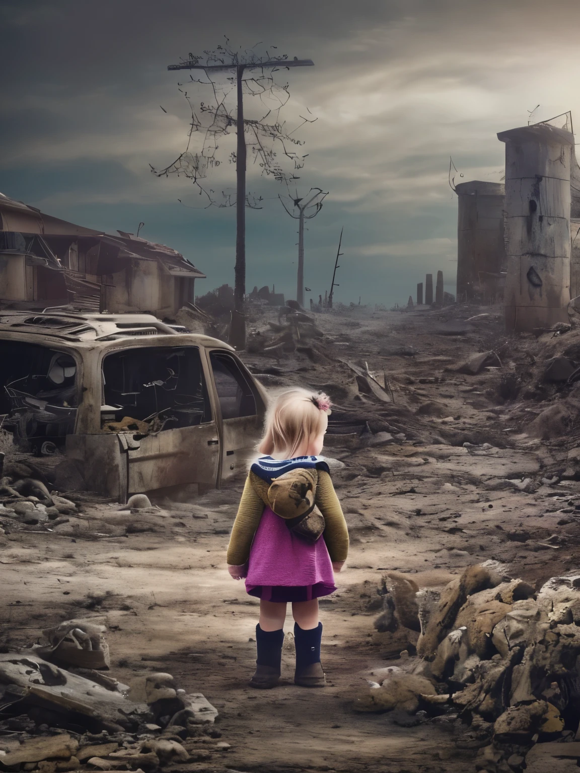 Little girl standing in a post apocalyptic landscape. Teddy bear in her hand.