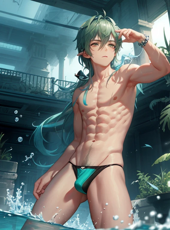 (hyper-realistic digital illustration), hires, best quality, wearing small transparent white thong, full mast, erect bulge, erect bulge, visible through thong , underwater world, wide angle, swimming, male, iridescent skin, flat chest, silver eyes, green hair styled in spikes, determined expression, bioluminescent lighting, small waist, big mane, slim scruffy
