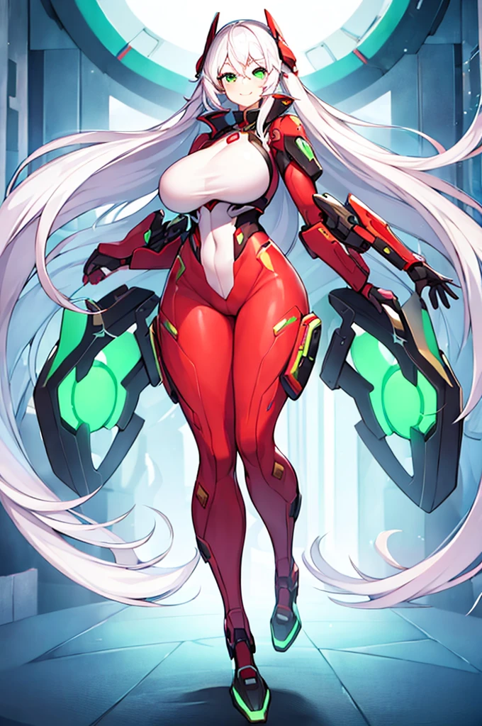 1girl, white hair, long hair, large breasts, breasts, wide hips, green eyes, smile, bodysuit, red bodysuit, red trim, sleeveless, futuristic, tech, science-fiction, full body, ((full body)),