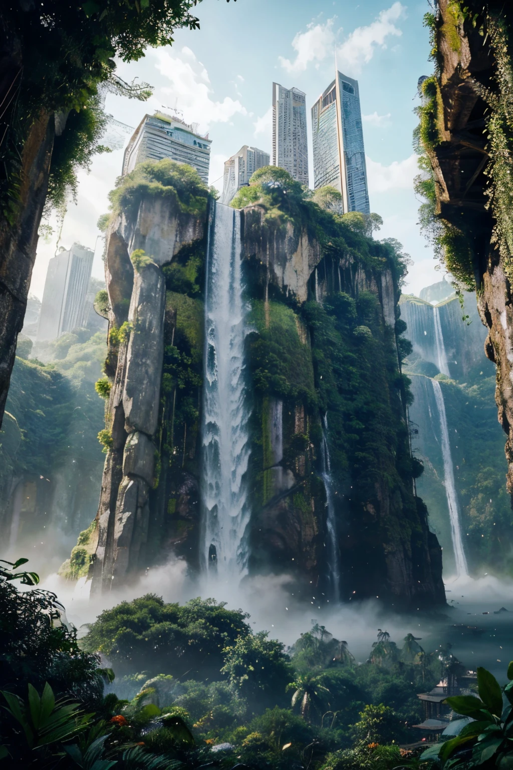 Desenvolva uma imagem digital de alta qualidade, with advanced levels of detail and a cinematic style, depicting a futuristic setting where enormous skyscrapers are organically integrated with hanging gardens and waterfalls. Explore the unique symbiosis between lush nature and modern architecture, utilizing a vibrant color palette and immersive lighting. Highlight the harmonious fusion of natural elements, conveying a sense of balance and wonder. Make sure the image provides a captivating environment, futuristic visual experience, onde a cidade do futuro se funde perfeitamente com a beleza natural que a rodeia.