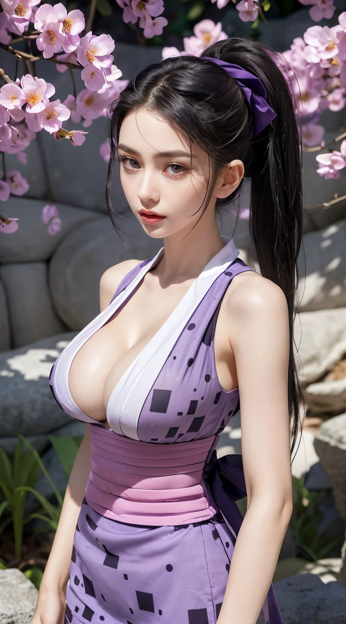 (Numerous award-winning masterpieces, with incredible details), ((Extremely beautifull face)), (extremely detailed realistic face features), (beutiful purple grey eyes), ((finely detailed true circle Symmetrical purple grey eyes)), (She has a meloncholic face), (A majestic sight), long tied black hair, (big breasts: 1.8), anatomic, small wraist with big hips, realistic skin texture, (realistic breasts: 1.5), pale skin, perfect body