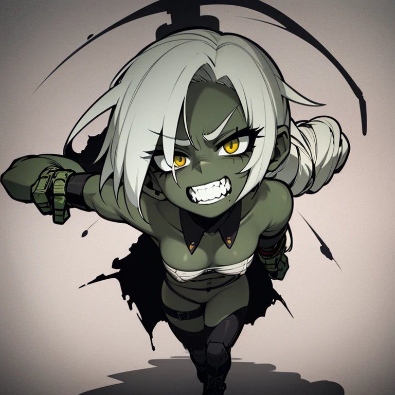 Make me a zombie girl with green skin, white short hair, ripped clothing, stitches, bandages too, she has black eyes with white pupils. She's angry and she's standing in the middle a dark alley. She's very zombie like.