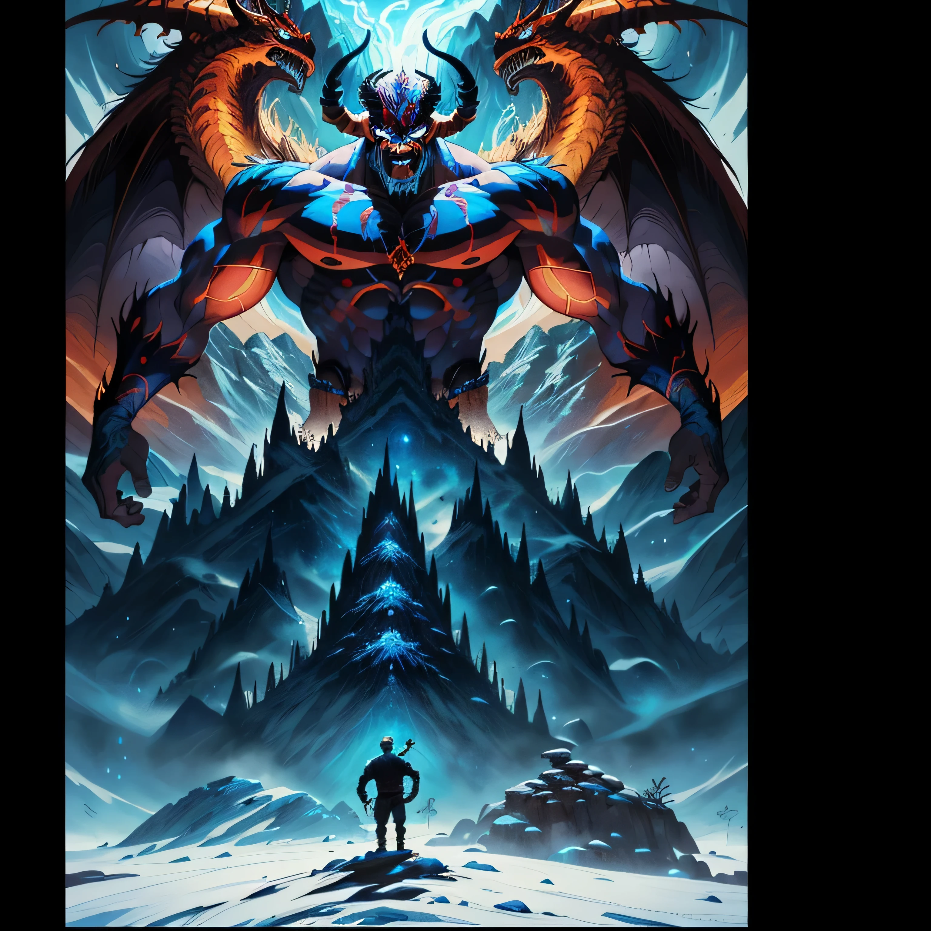a man standing in front of a mountain with a demon on it, symmetrical epic fantasy art, el bosco and dan mumford, demon lord, muscled humanoid balrog demon, dan mumford tom bagshaw, dan mumford and alex grey style, anton fadeev and dan mumford, inspired by Dan Mumford, epic fantasy novel cover art, ruler of the demons