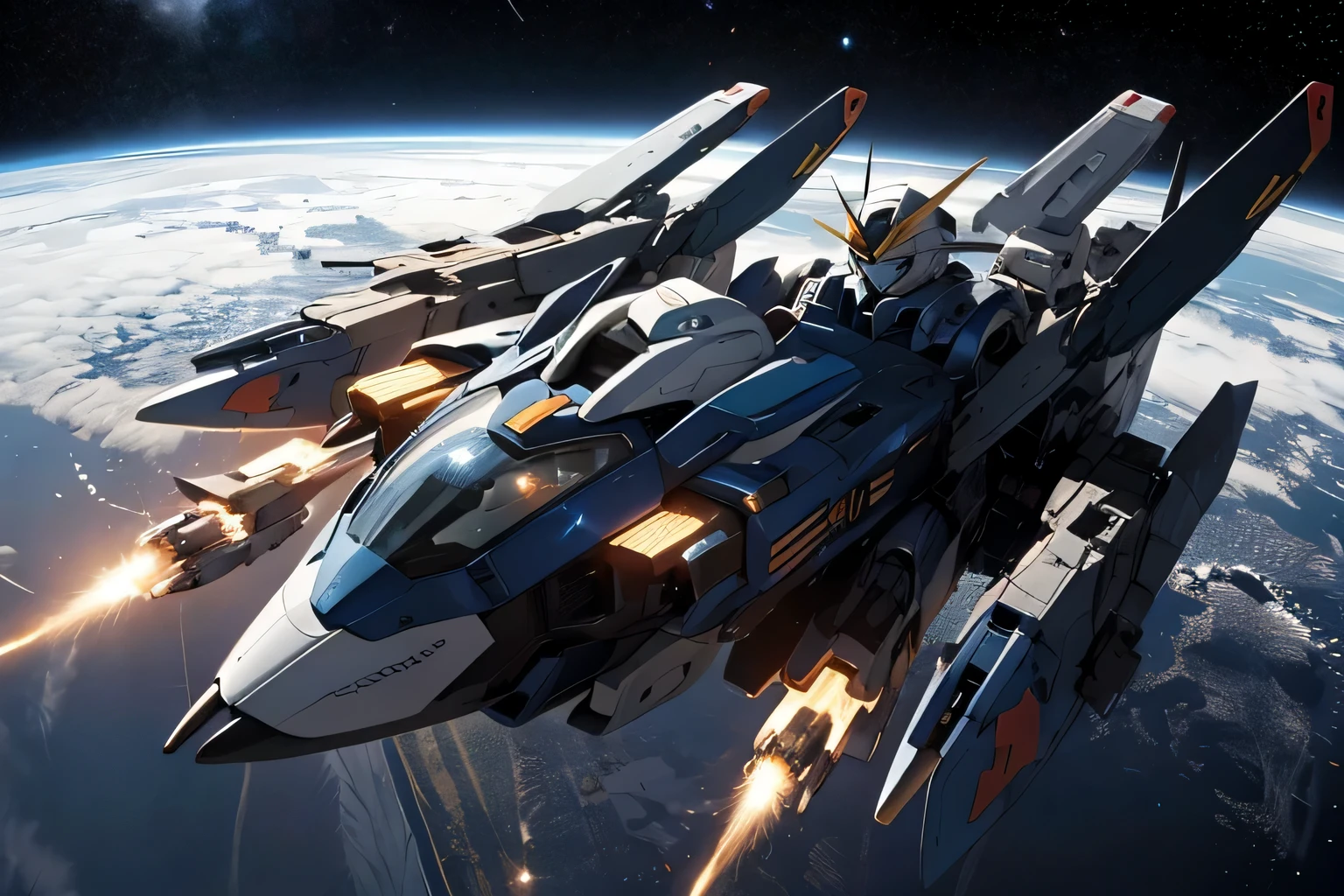 Mobile Suit Gundam with an all-black body、Blue metallic trim on body、Fly in outer space。Earth with stars on background、