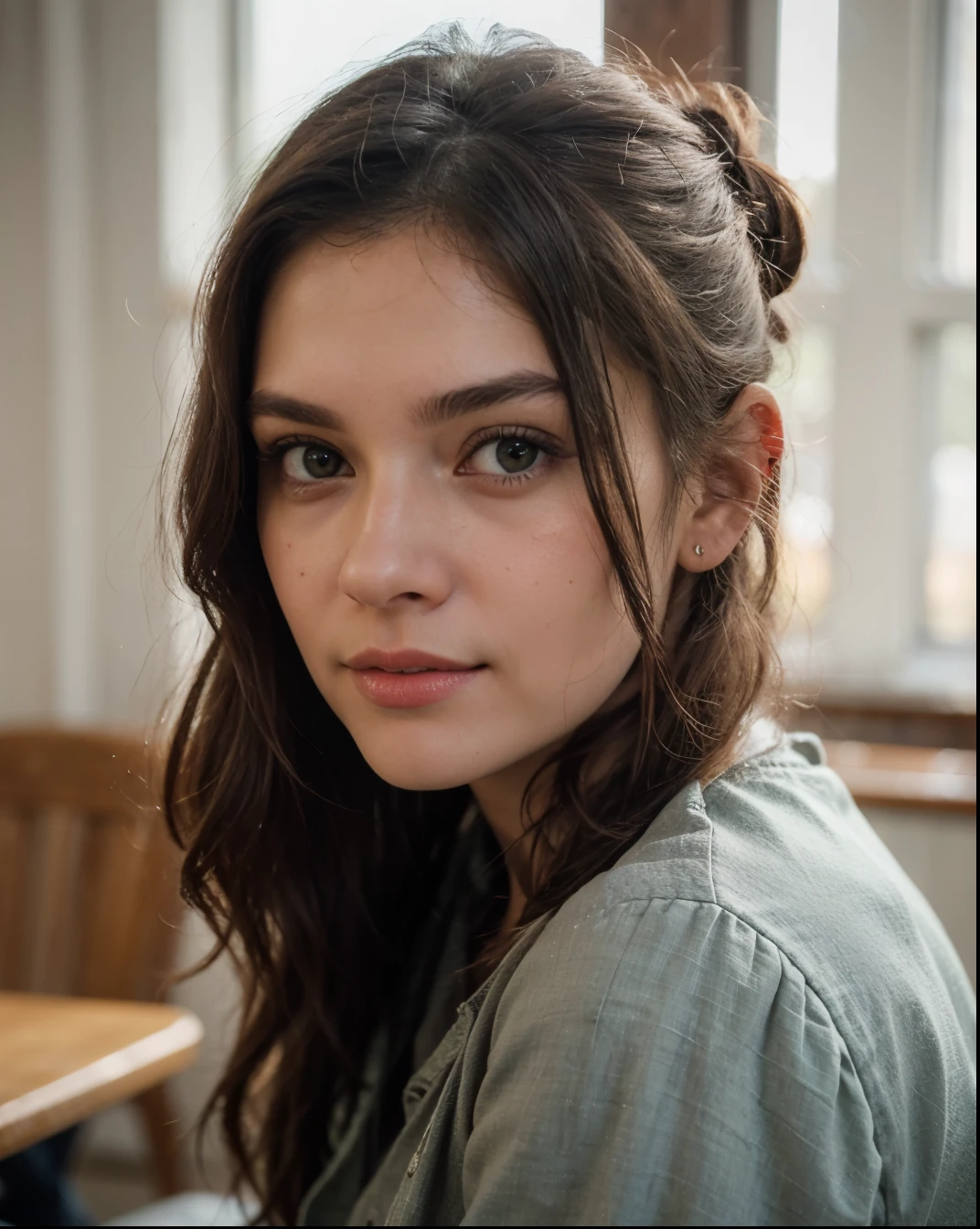 Cute beautiful sexy European light-green-eyed brunette, 22 years old,
hair tied in a bun,
tiny waist, very detailed, innocent face, face-length 1.3 times the face-width, almond-shaped eyes, squared face-shape, high cheekbones, naturally wavy hair, light-green eyes, high-res, masterpiece, best quality, intricate details, very detailed, sharp focus, detailed skin, realistic skin texture, texture, detailed eyes, professional, 4k, charming smile, shot with Canon, light depth of field, Kodak Vision color, perfectly fitting body, extremely detailed, photo_\( ultra\), photorealistic, realistic, post processing, maximum details, roughness, real life, ultrarealistic, photorealism, photography, 8k UHD, photography